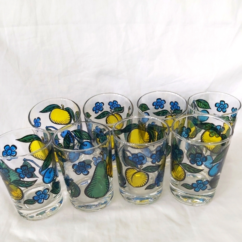 Vintage Dominion Juice Glasses x 8 Fruit Cherry Pear Peach 1970s Cottagecore